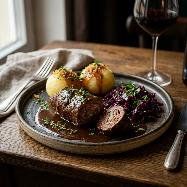 Rinderroulade mit Rotkohl und Kartoffelklößen