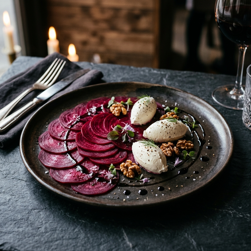 Rote-Bete-Carpaccio mit Ziegenfrischkäse & Walnuss-Crumble