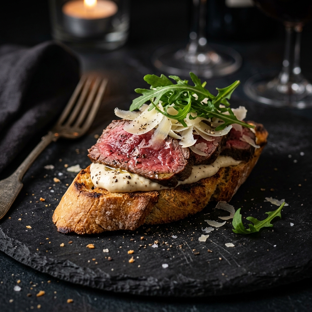 Rinderfilet-Crostini mit Trüffelmayo, Parmesan und Rucola